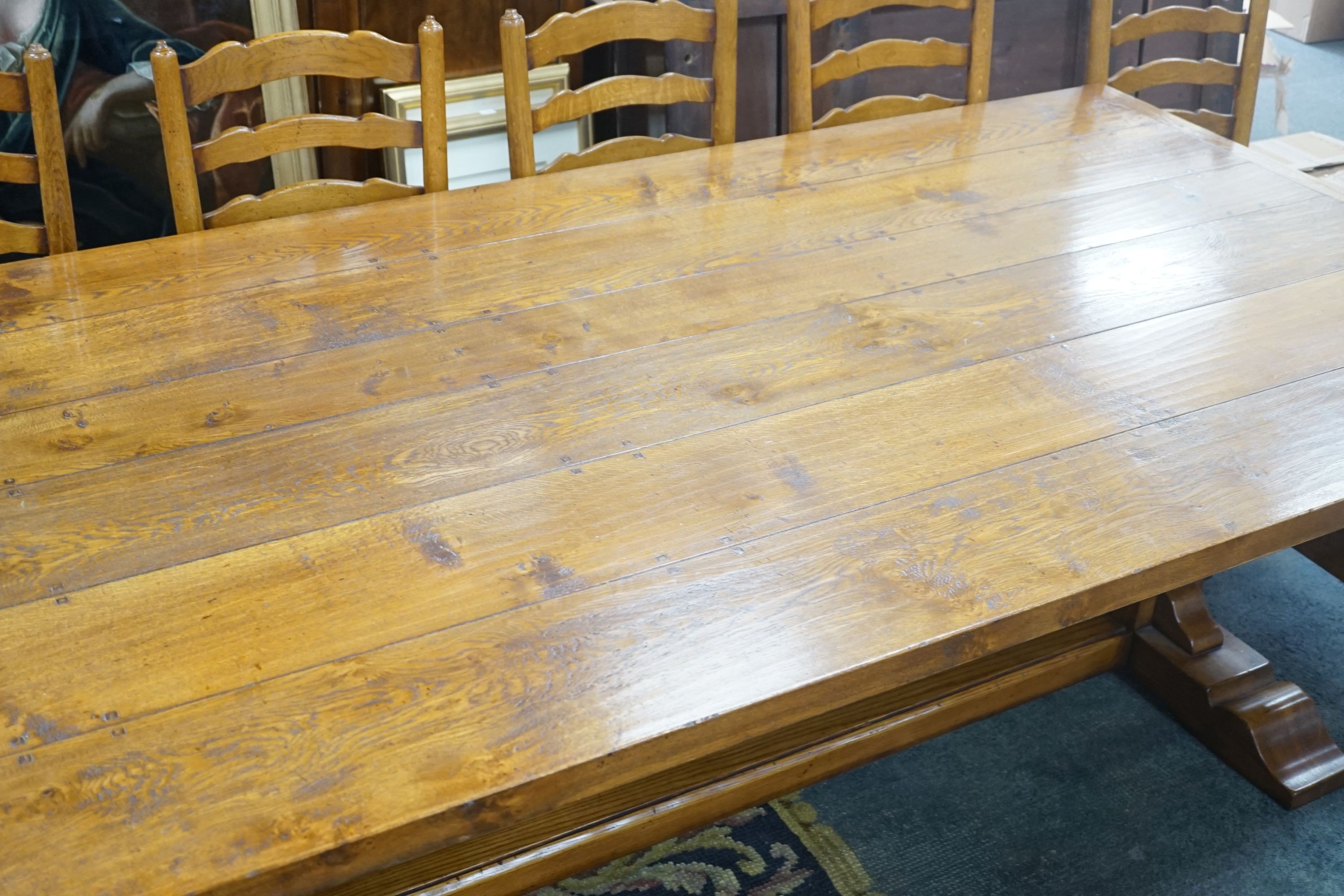 A good 18th century style Belvedere Furniture rectangular light oak refectory dining table, with end extensions, length 305cm extended, width 121cm, height 76cm